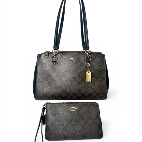 Coach Handbags - Coach Brown Signature Monogram Shoulder Bag with Large Corner Zip Wristlet